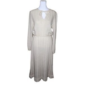 Vintage 70s Knit Sweater Midi Dress Womens Size L Cream Ivory Bow Neck